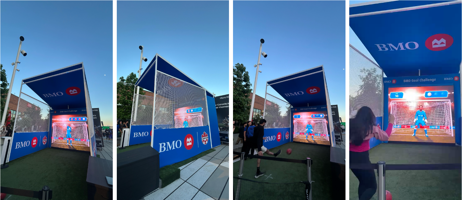 Four complete views of visitors participating in an interactive digital soccer goal challenge
