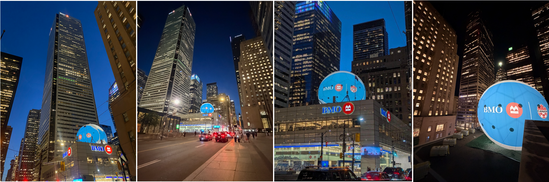 Four complete night views of an illuminated rooftop brand activation in downtown Toronto