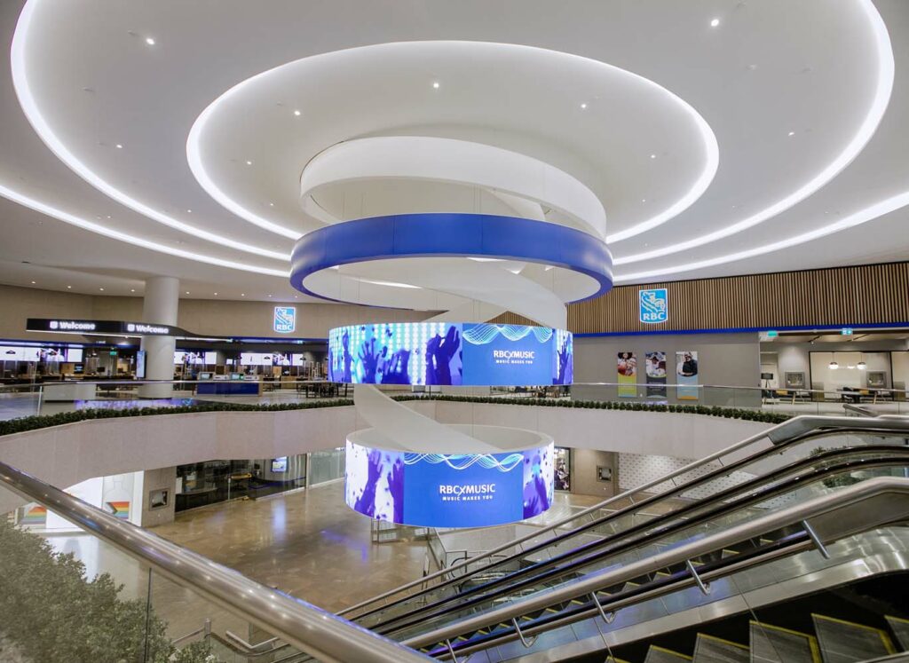 Suspended digital rings at Royal Bank Plaza